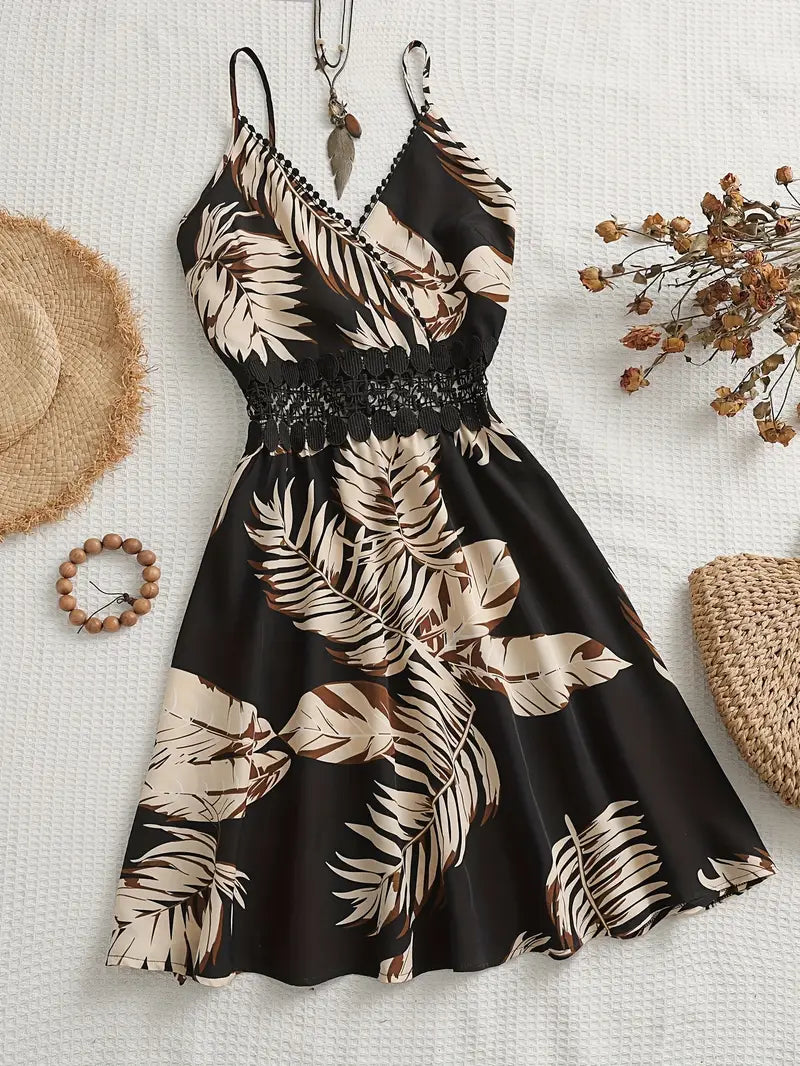 Kamala – A-Linien-Kleid mit Spaghettiträgern und tropischem Print