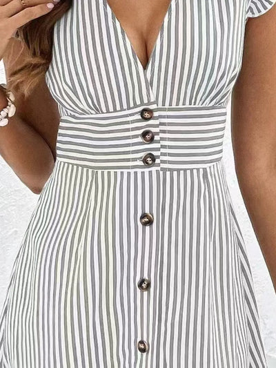 Striped Button Front Cap Sleeve Dress