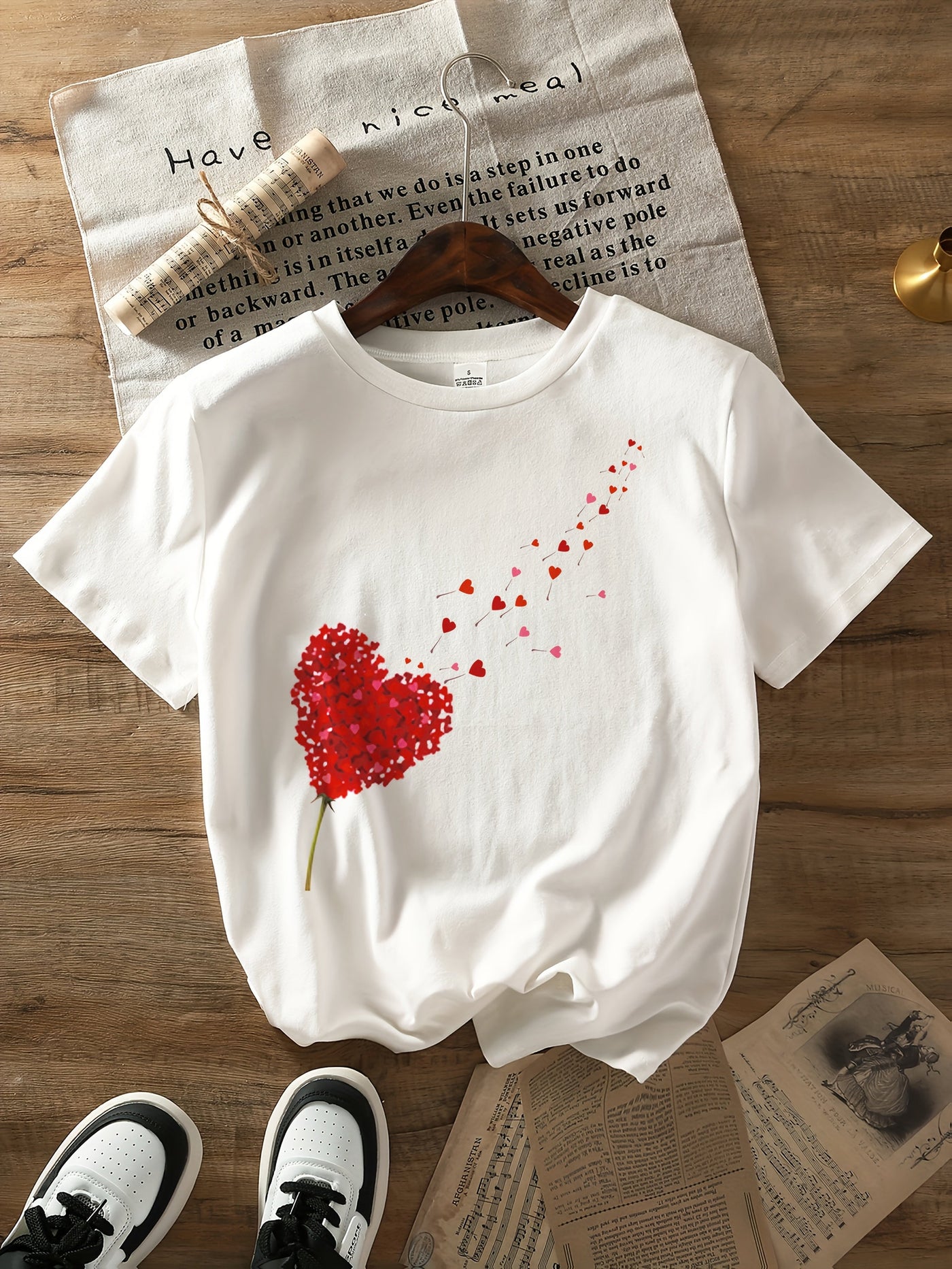 Damen T-Shirt aus Baumwolle mit Herz-Print – Lockerer Schnitt