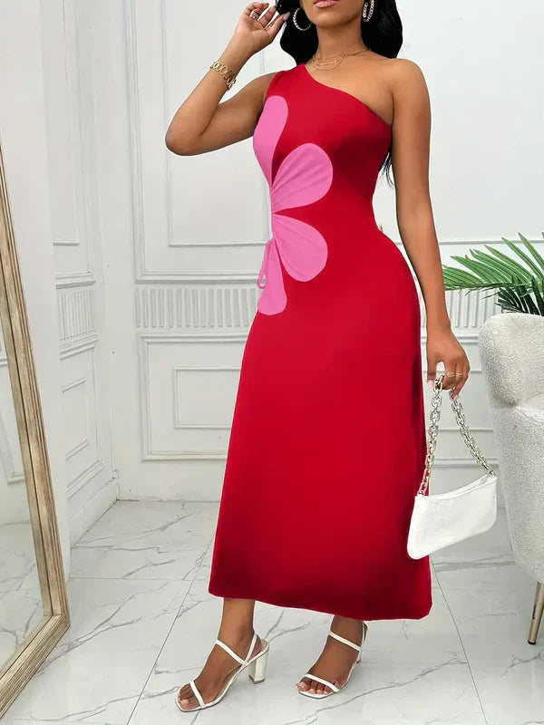 Maggie - modisches rotes damenkleid mit einer schulter und rosa blumendruck, ärmellos