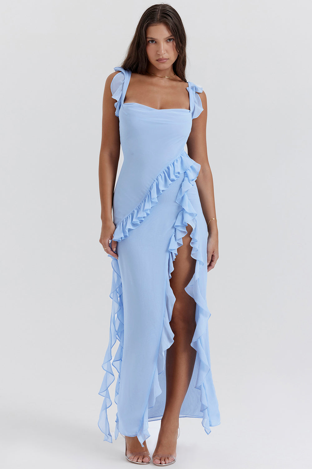 Elegantes One-Shoulder-Abendkleid mit Rüschen und hohem Schlitz