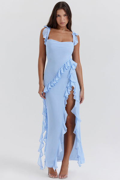Elegantes One-Shoulder-Abendkleid mit Rüschen und hohem Schlitz