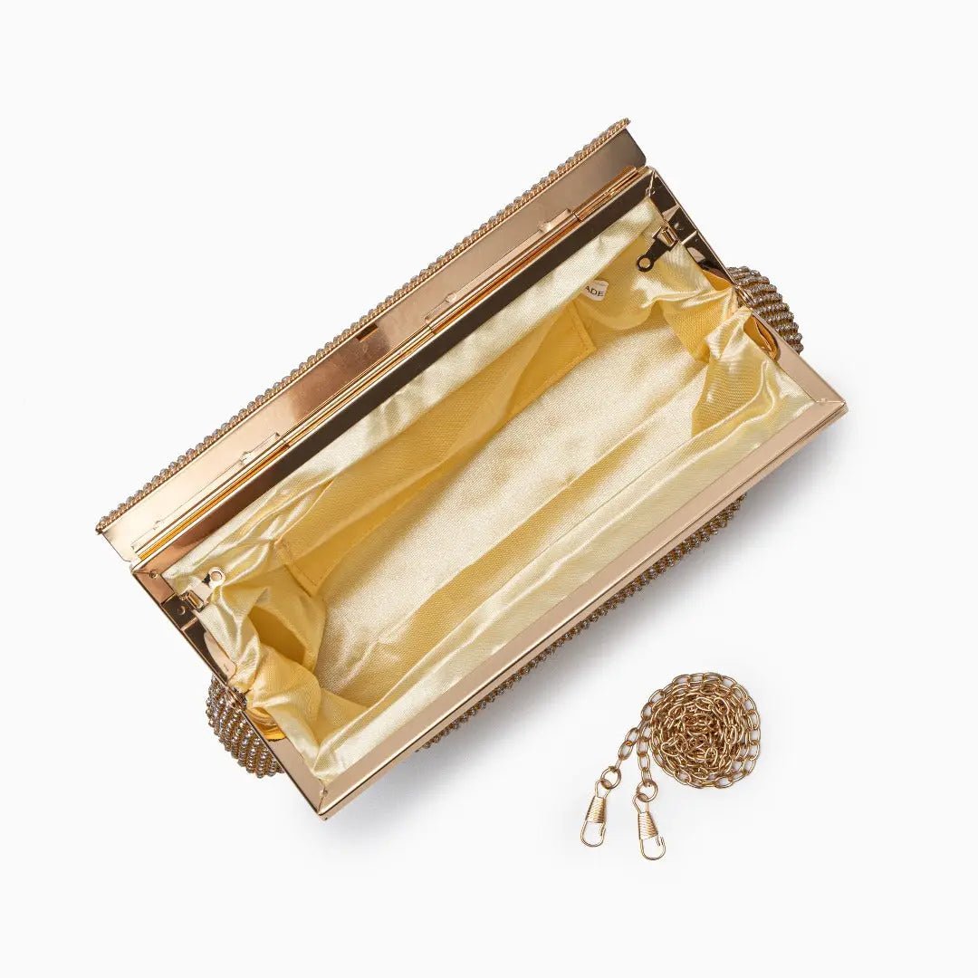 Aurielle | Goldene Clutch mit Kristallbesatz & Schnappverschluss – Elegante Abendtasche für Damen