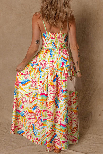 Abstract Print Spaghetti Strap Piping Detail Maxi Dress