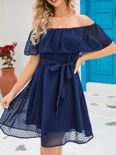 Vanessa - Elegantes Minikleid mit kurzen Ärmeln, schulterfreiem Schnitt und Taillengürtel