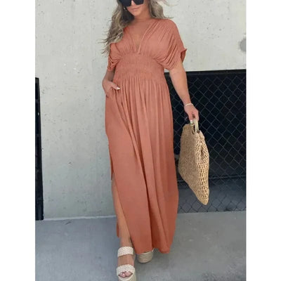 Elegantes Maxikleid Damen Sommer mit Schlitz & V-Ausschnitt | Langes Boho Strandkleid