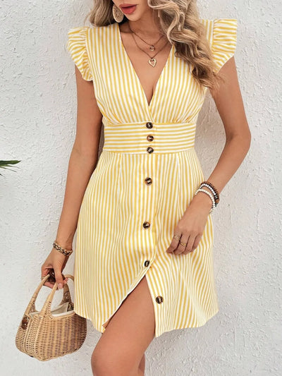 Striped Button Front Cap Sleeve Dress