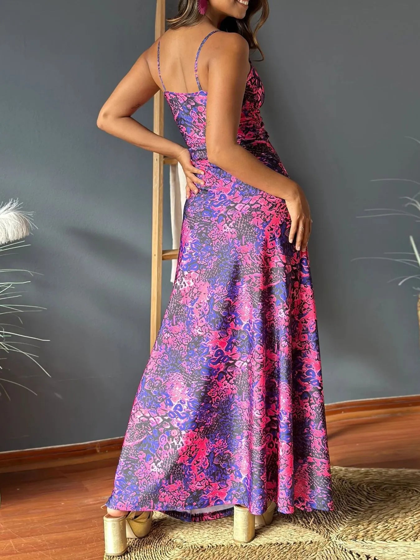 Tropical Print V-Neck Maxi Dress