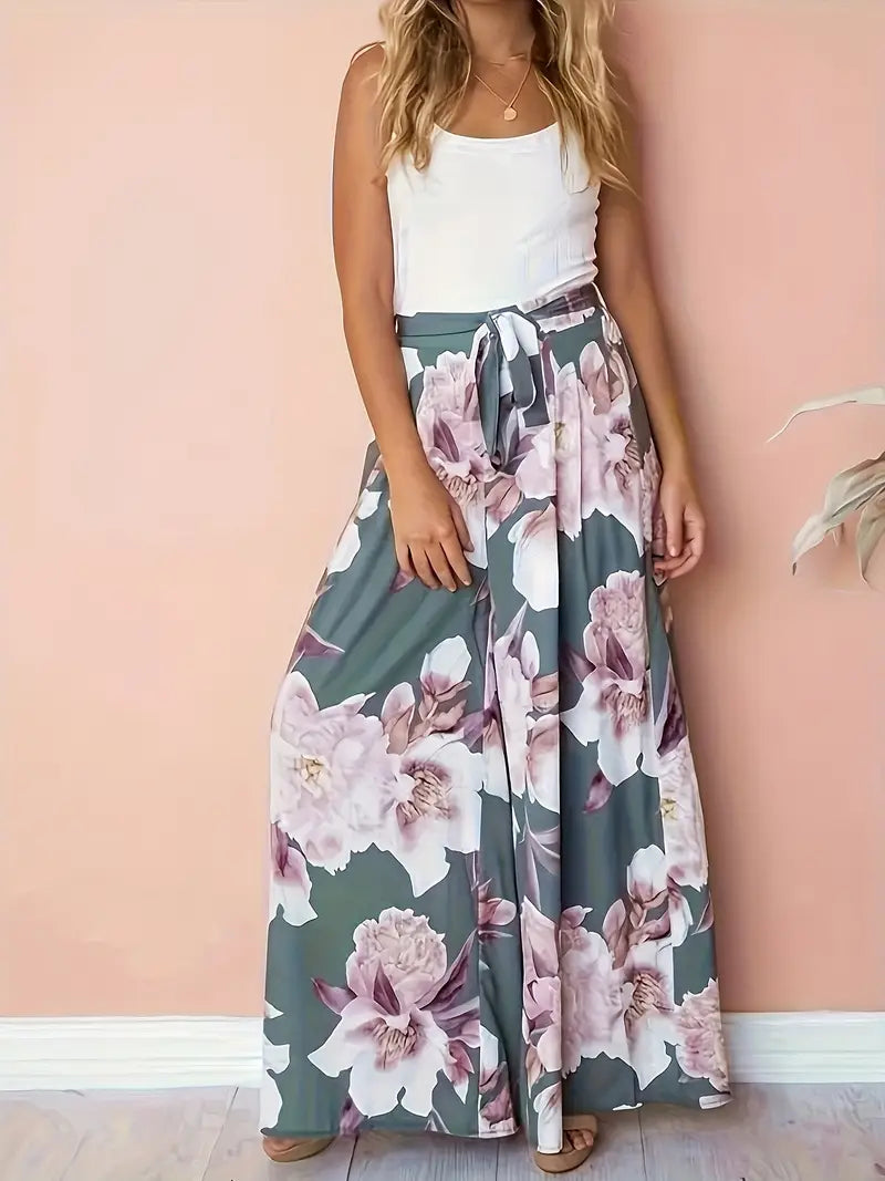 Aisling – Palazzohose mit Blumenmuster, hoher Taille und weitem Bein und Bindegürtel