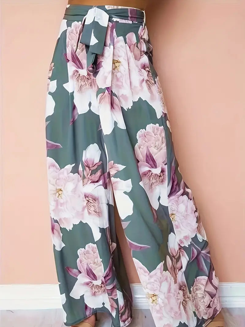 Aisling – Palazzohose mit Blumenmuster, hoher Taille und weitem Bein und Bindegürtel