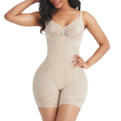 Shapewear-Body mit kurzen Beinen und V-Ausschnitt mit Spitzenbesatz