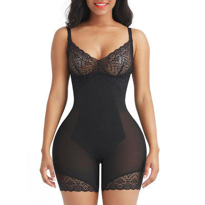 Shapewear-Body mit kurzen Beinen und V-Ausschnitt mit Spitzenbesatz