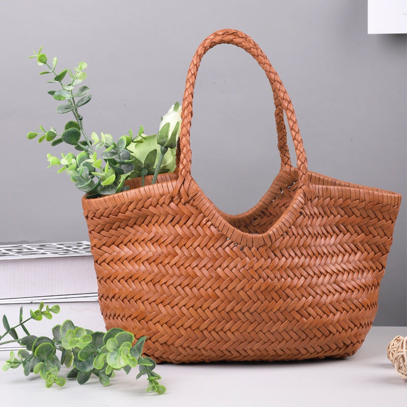 Lena | Braun Geflochtene Leder-Shopper – Rustikal & Stilvoll