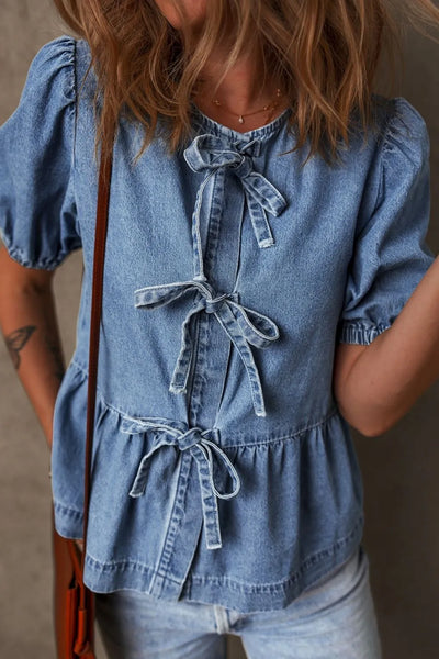 Tied Front Puff Sleeve Peplum Denim Shirt
