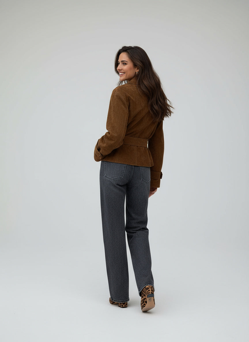 Vydra | Damen Wickelmantel Wildleder Braun Mit Bindegürtel