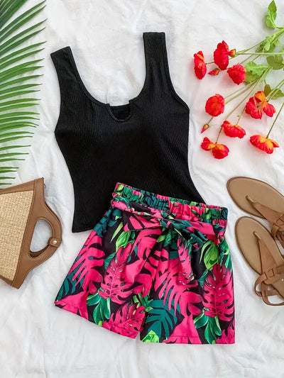 Elkie – Set aus geripptem Baumwoll-Tanktop und bedruckten Shorts