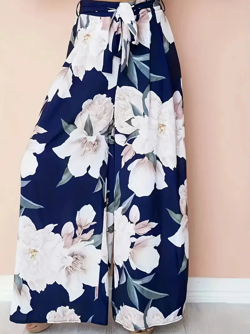 Aisling – Palazzohose mit Blumenmuster, hoher Taille und weitem Bein und Bindegürtel
