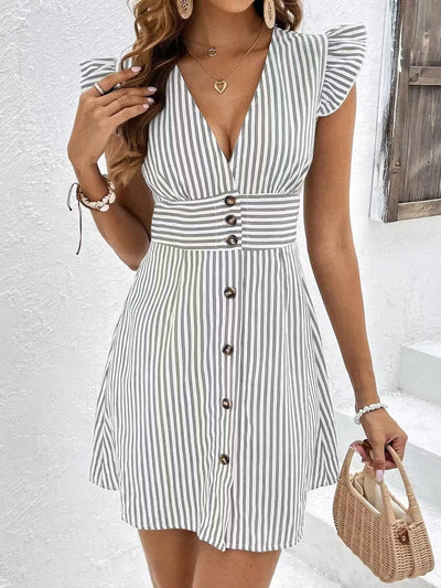 Striped Button Front Cap Sleeve Dress