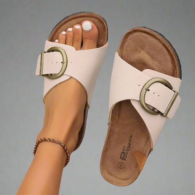 Margie | Damen Kork Pantoletten mit Schnallenriemen Design