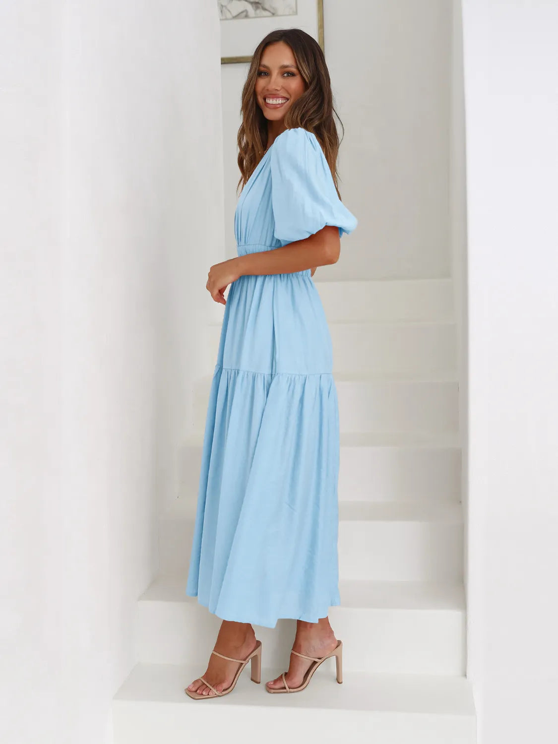 Surplice Half Puff Sleeve Midi Dress