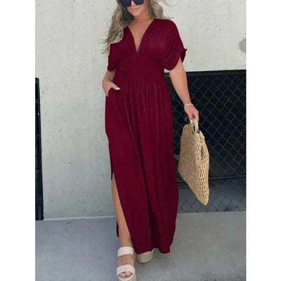 Elegantes Maxikleid Damen Sommer mit Schlitz & V-Ausschnitt | Langes Boho Strandkleid