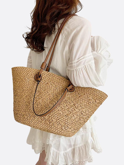 Amara | Trapezförmige Damen-Strohtasche mit Kunstleder-Schulterriemen & Korbstruktur