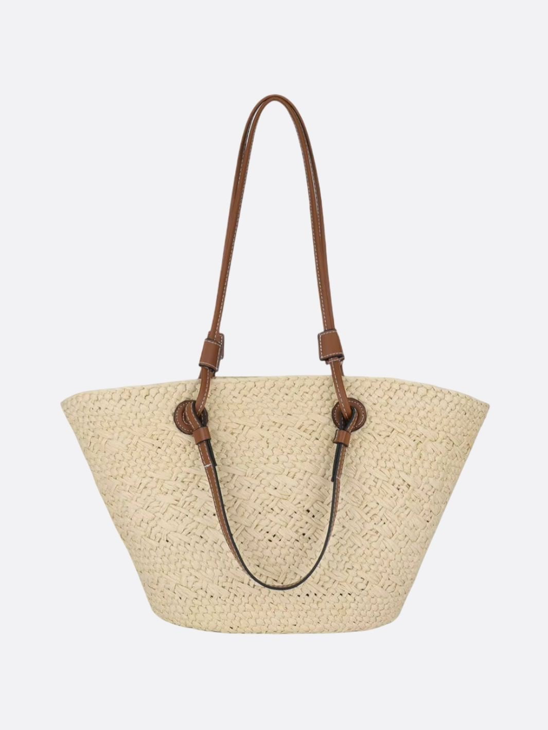 Amara | Trapezförmige Damen-Strohtasche mit Kunstleder-Schulterriemen & Korbstruktur