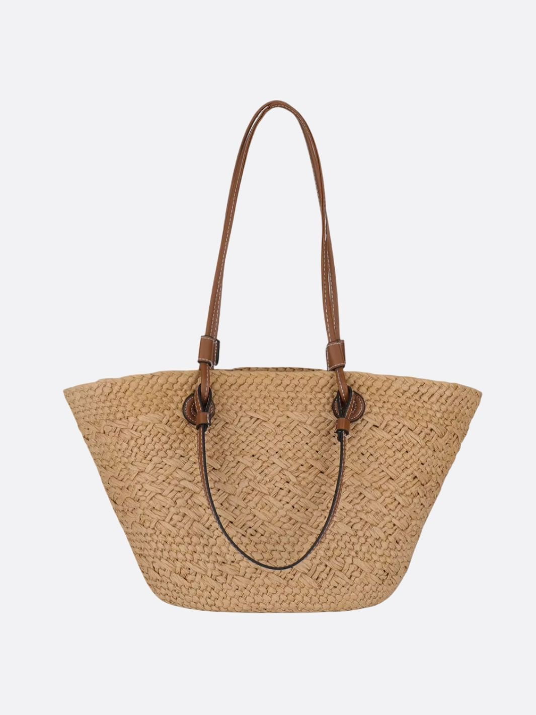 Amara | Trapezförmige Damen-Strohtasche mit Kunstleder-Schulterriemen & Korbstruktur