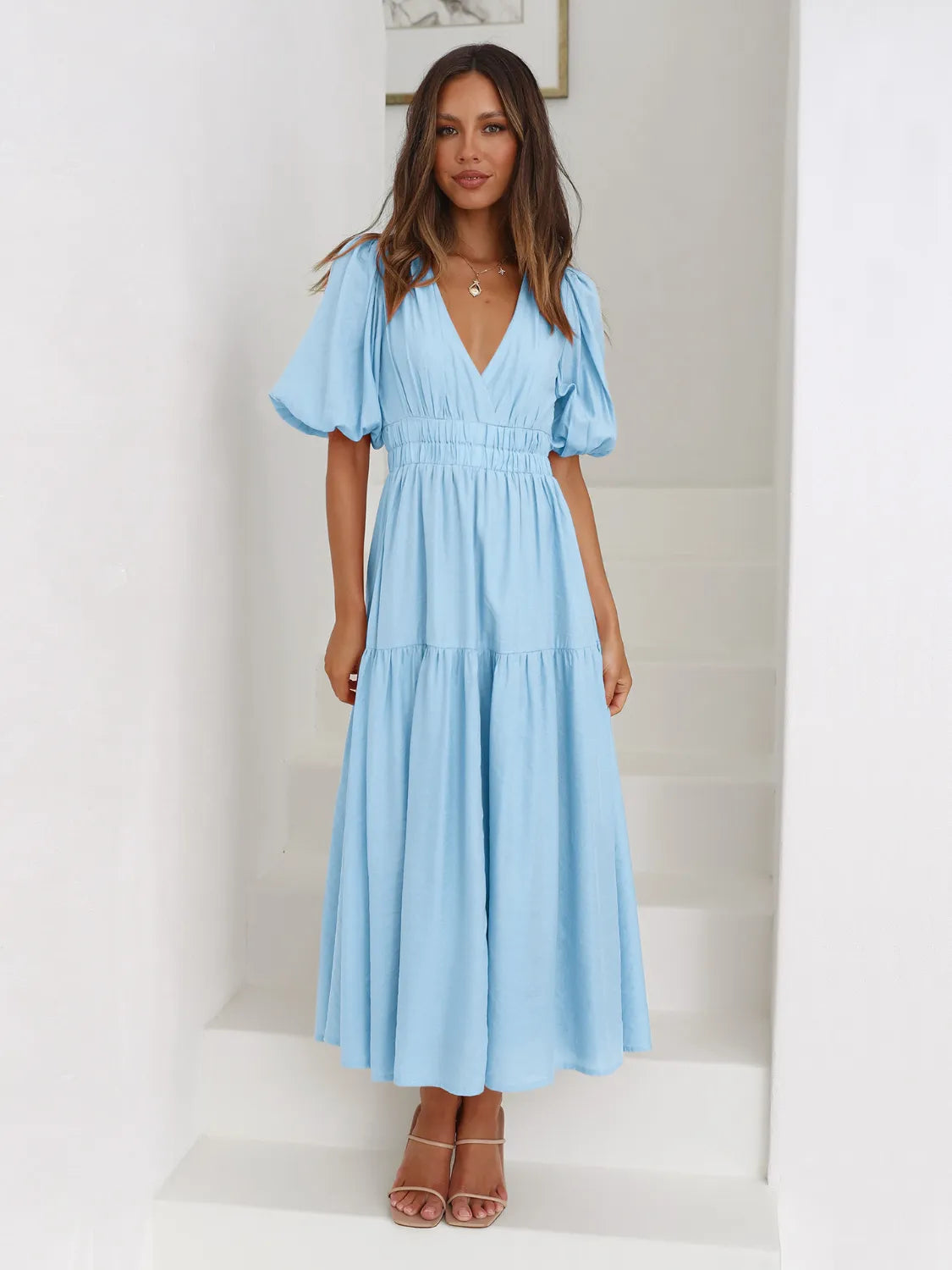Surplice Half Puff Sleeve Midi Dress