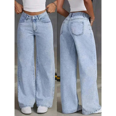 Damen Baggy Jeans mit Hohem Bund und Weitem Bein