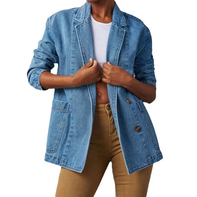 Damen Denim Blazer mit Taschen und Knopfdetails