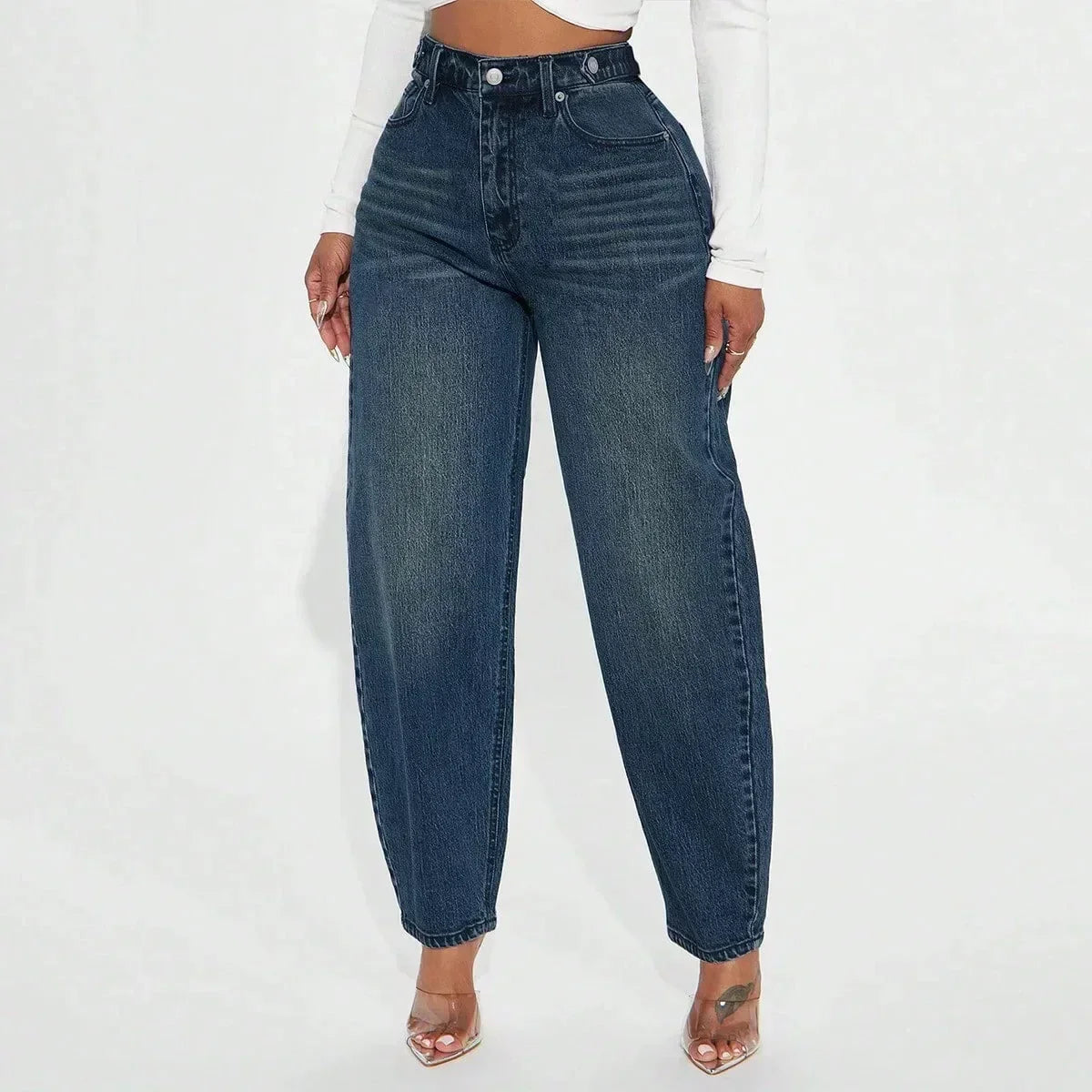 Damen Dunkelblaue Mom Jeans mit Hoher Taille