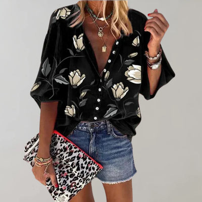 Arisaya – Bluse mit floralen Laternenärmeln und Knopfleiste