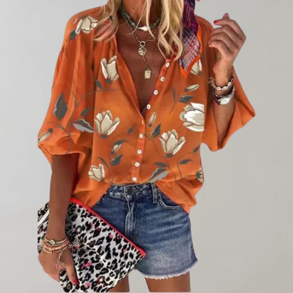 Arisaya – Bluse mit floralen Laternenärmeln und Knopfleiste