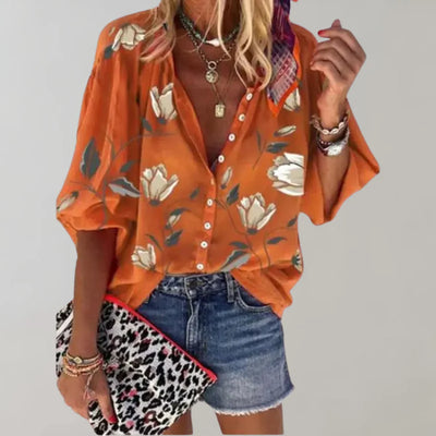 Arisaya – Bluse mit floralen Laternenärmeln und Knopfleiste