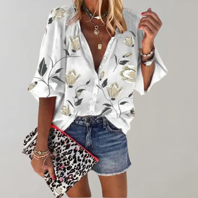 Arisaya – Bluse mit floralen Laternenärmeln und Knopfleiste