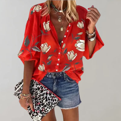 Arisaya – Bluse mit floralen Laternenärmeln und Knopfleiste