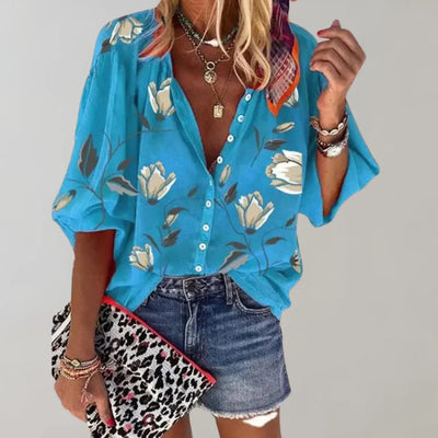 Arisaya – Bluse mit floralen Laternenärmeln und Knopfleiste