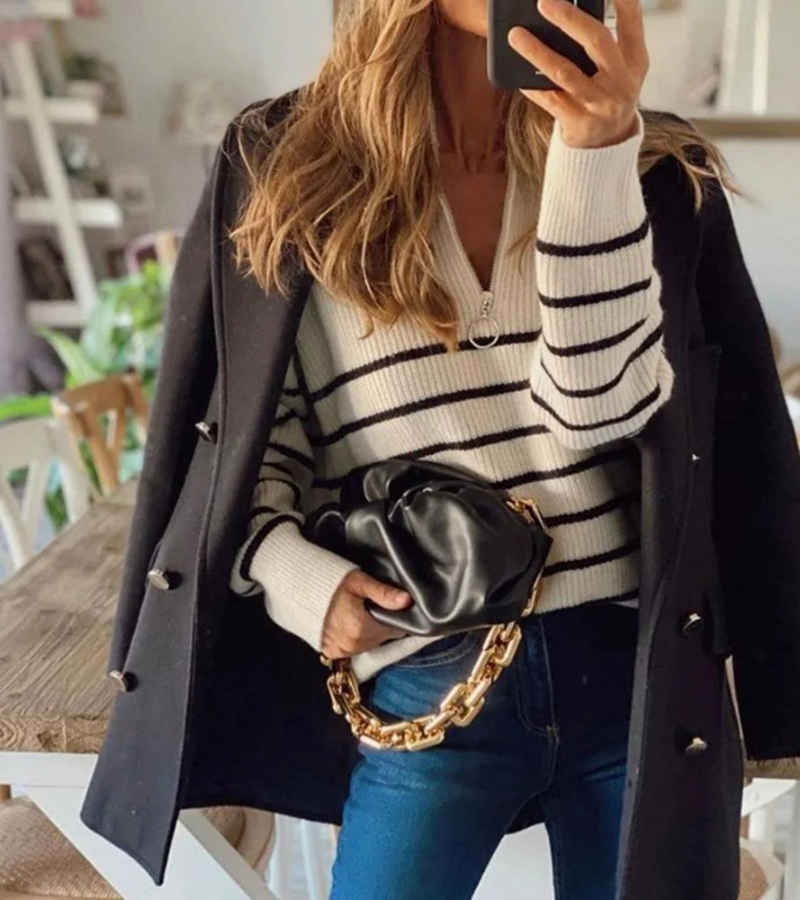 Elsbeth | Damen Reißverschluss-Pullover | Gestreift