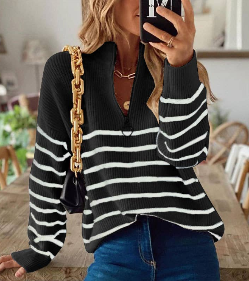 Elsbeth | Damen Reißverschluss-Pullover | Gestreift