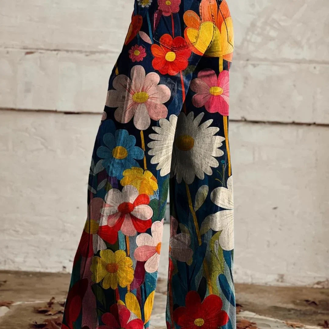 Damen Hose mit Blumenmuster und weitem Bein