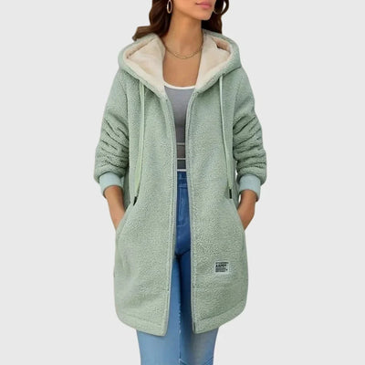 Damen lange Fleecejacke mit Kapuze und Reißverschluss