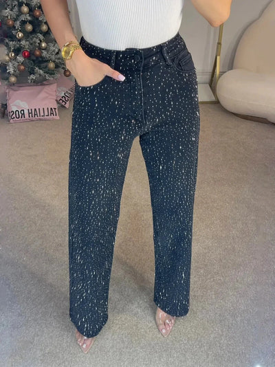 Damen High Waist Wide Leg Jeans mit Strass-Steinen