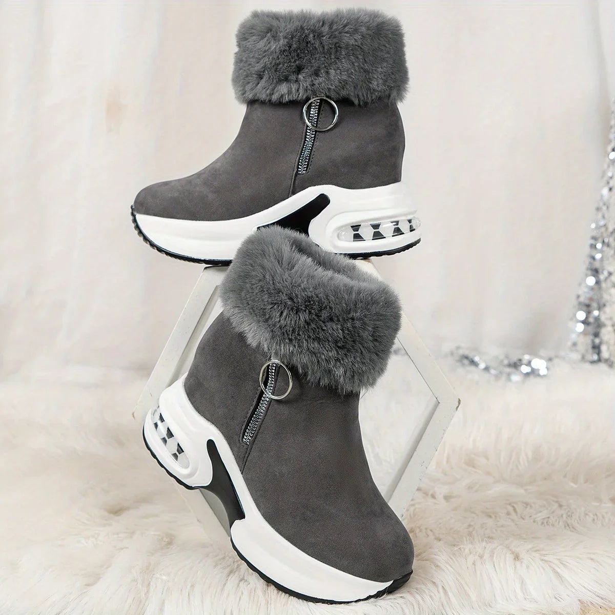 Damen Winter Sneakers mit seitlichem Reißverschluss und Plüschfutter
