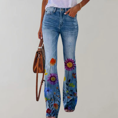 Damen Jeans mit weitem Bein und Blumendruck