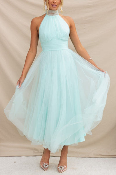 Elegantes Tüllkleid – Halterneck Midikleid mit A-Linie & Schleierkragen
