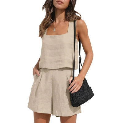 Vionette – Leinen-Mix-Set mit eckigem Ausschnitt und Shorts