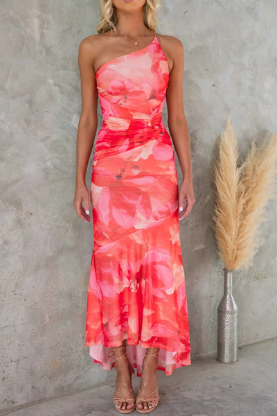 Asymmetrisches Midikleid mit Blumenmuster – Schulterfreies Sommerkleid mit Volant-Saum