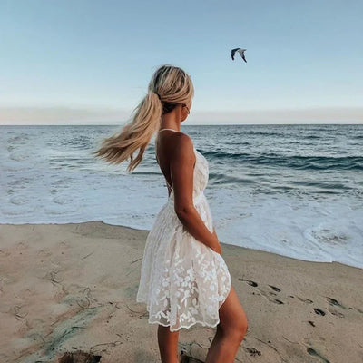 Damen Strandkleid – Spitze – Ärmellos – Blumenstickerei – Sommer-Look