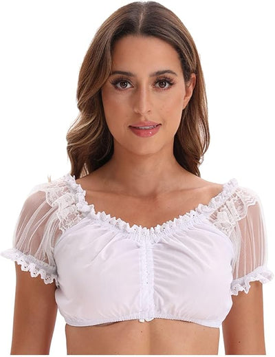 Damen Weiß Bluse Dirndl Oktoberfest | Kurzarm mit Spitze